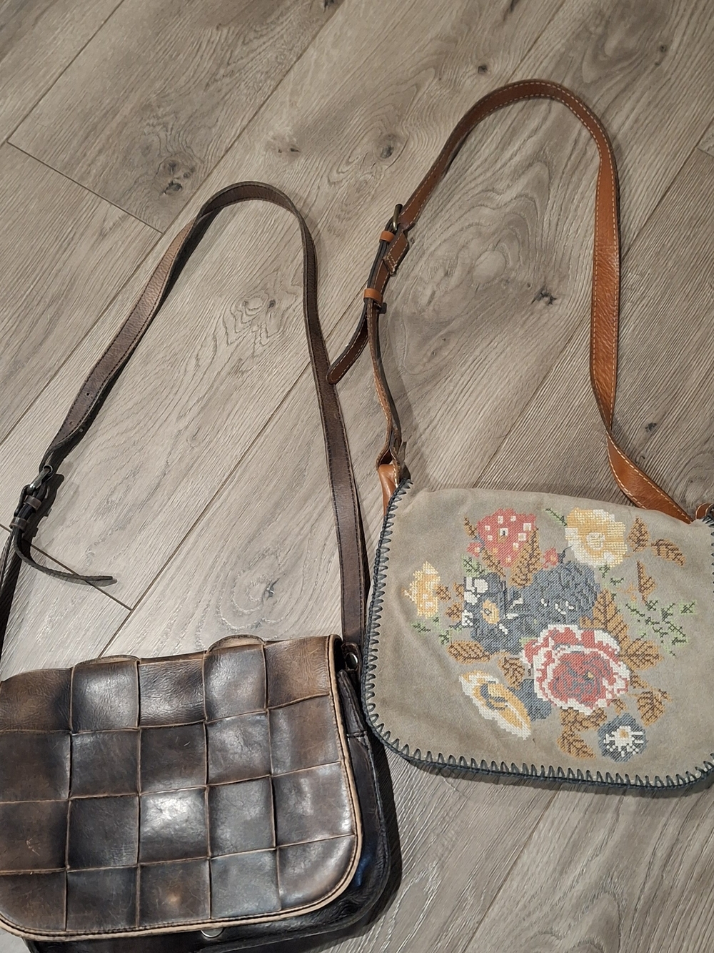 Floral Embroidered Crossbody Bag - Beige with Brown Strap